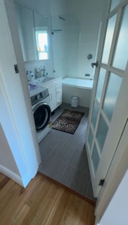 Compromised combined wet area lacking dedicated utility space.