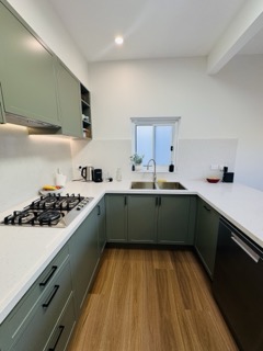 Plumbed fridge dispenser, induction cooktop, and seamless full-height joinery.